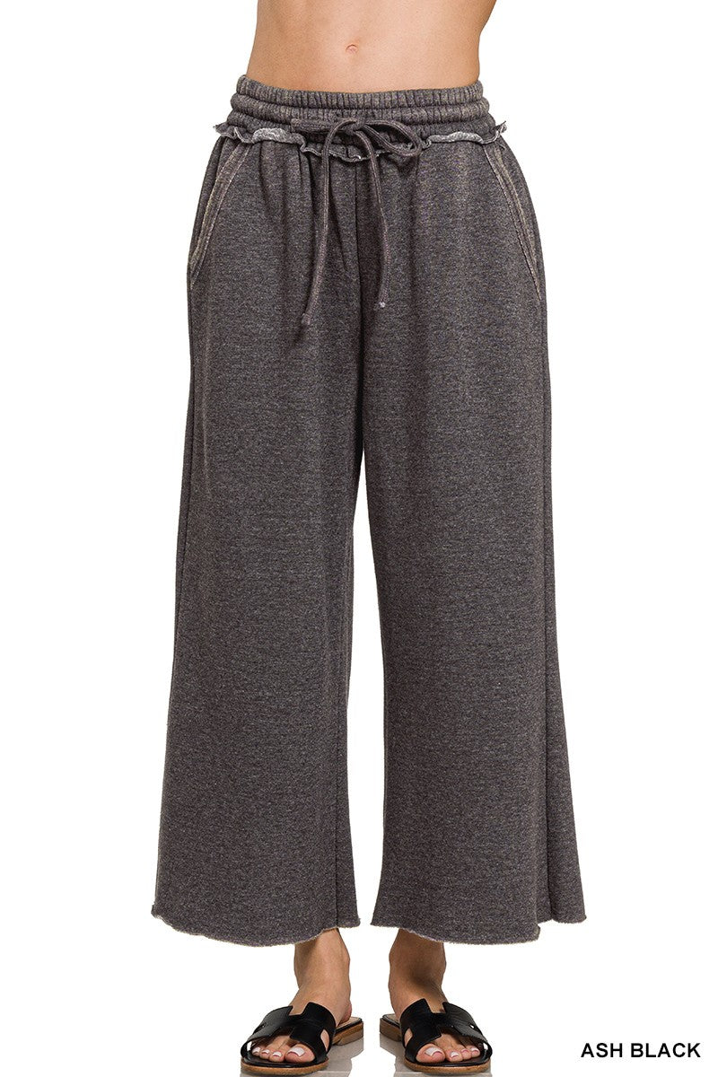 Comfortable black acid wash ankle length sweatpants with drawstring 