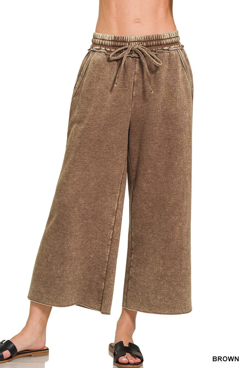 Acid Wash Fleece Palazzo Sweatpants With Pockets By Zenana