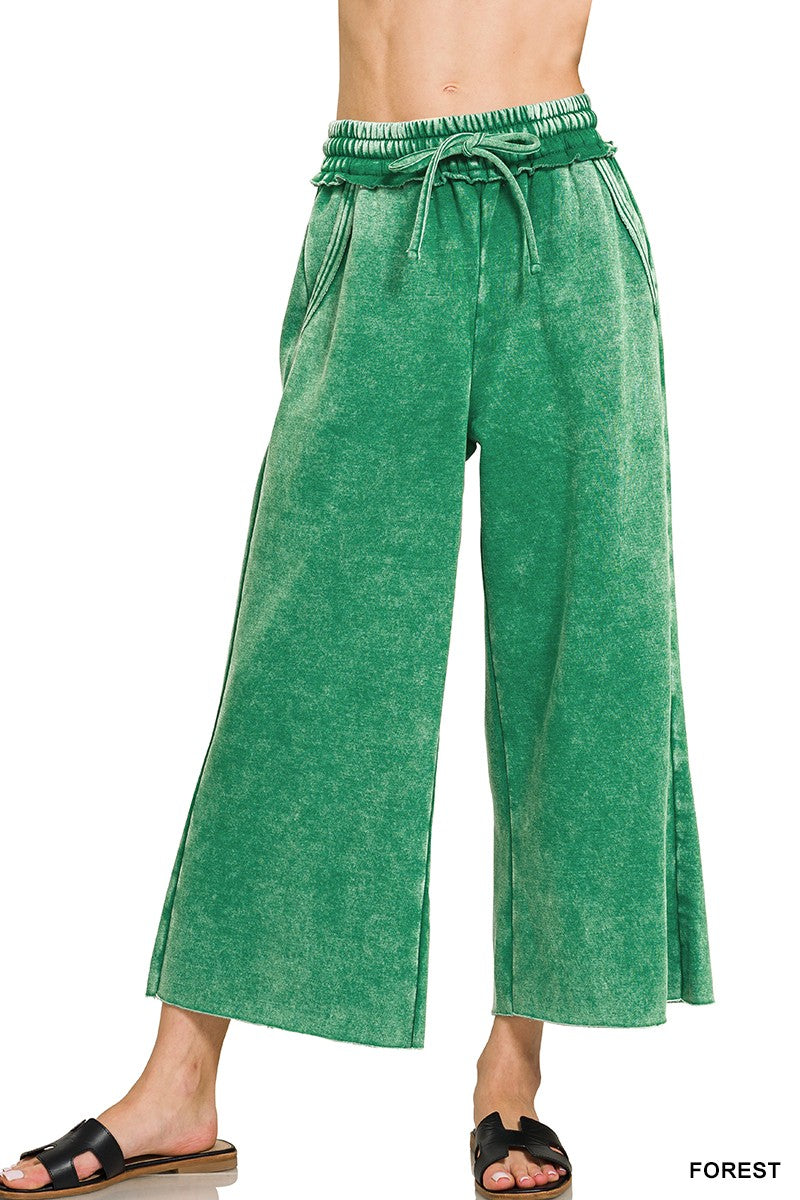 Trendy green acid wash ankle length sweatpants with drawstring 