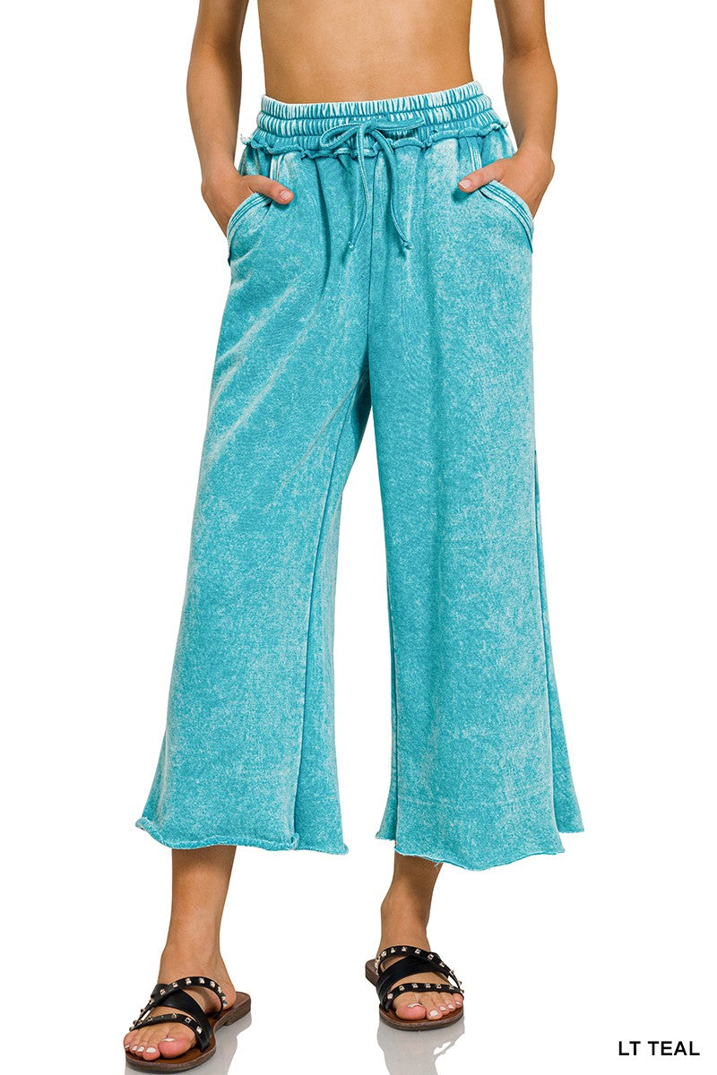 Blue acid wash ankle length sweatpants with drawstring 