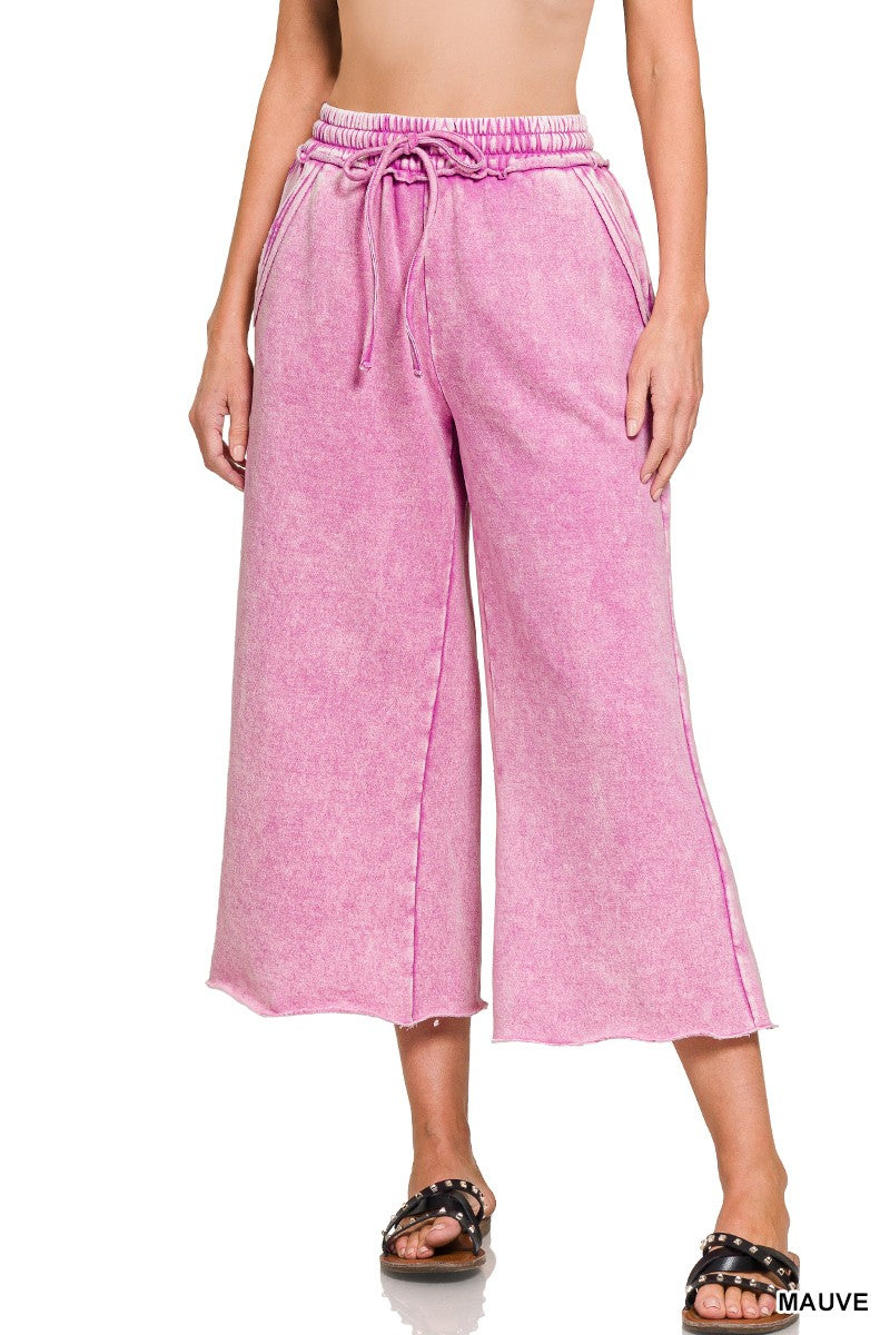 Pink acid wash ankle length sweatpants with drawstring 