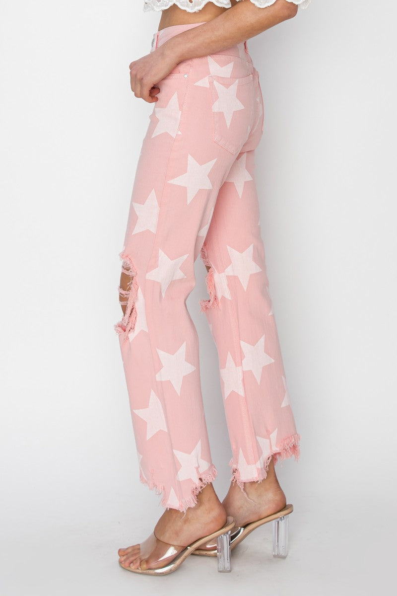 Risen High Rise Star Printed Straight Pants