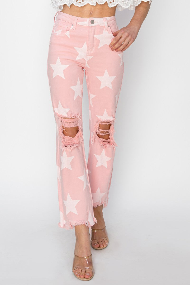 Risen High Rise Star Printed Straight Pants