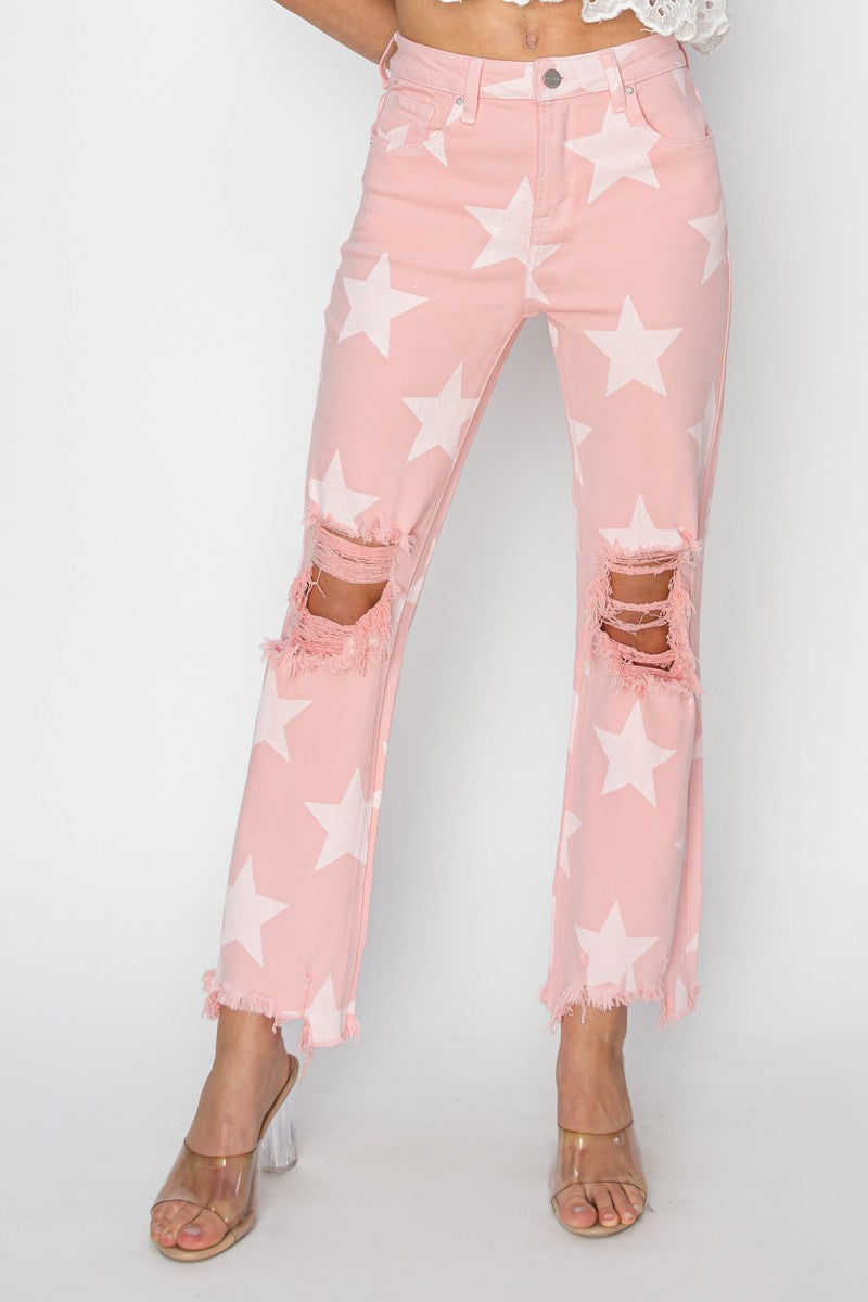 Risen High Rise Star Printed Straight Pants
