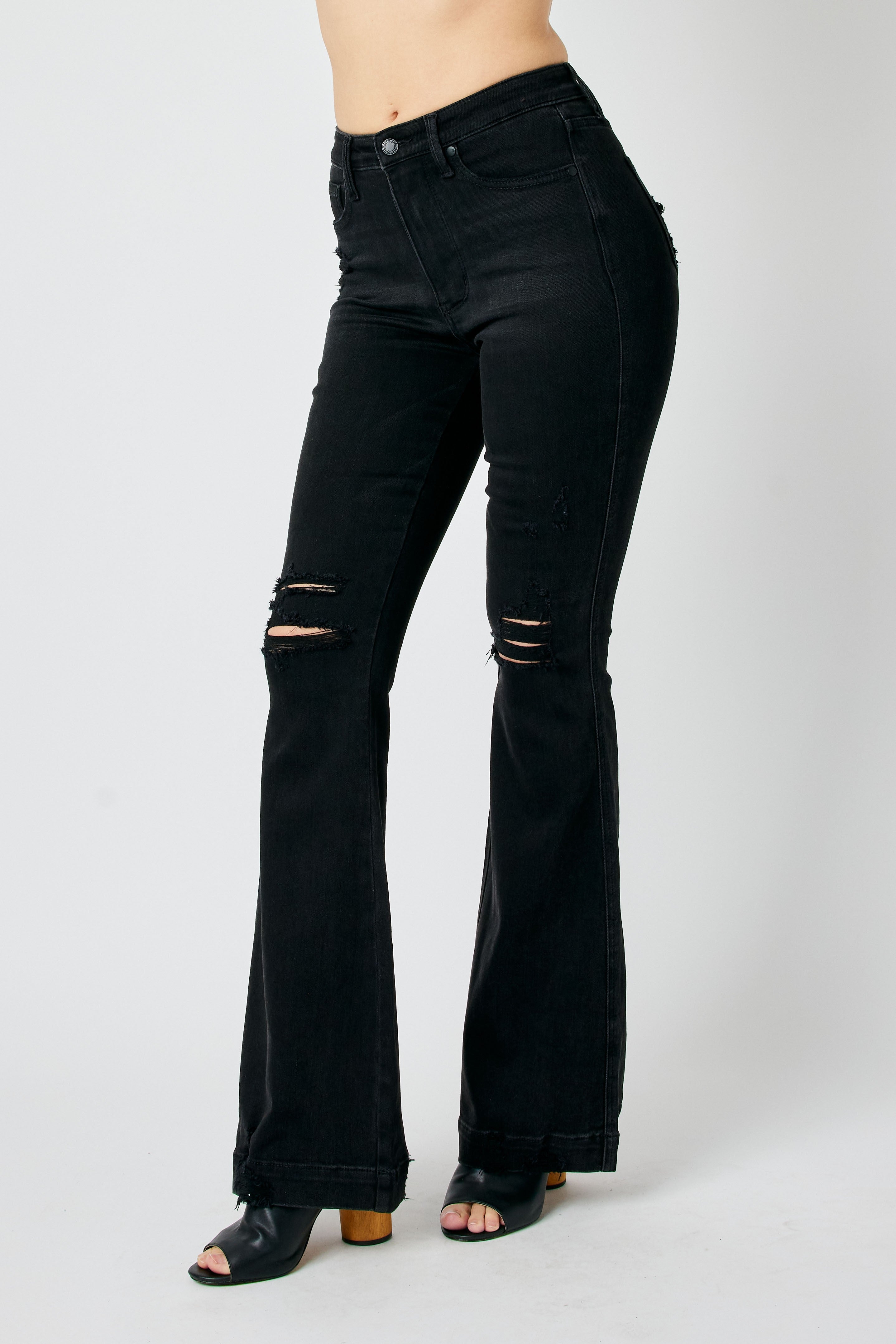 Judy sold Blue Black Wash High Rise Super Flare Jeans Raw Hem 3 / 26