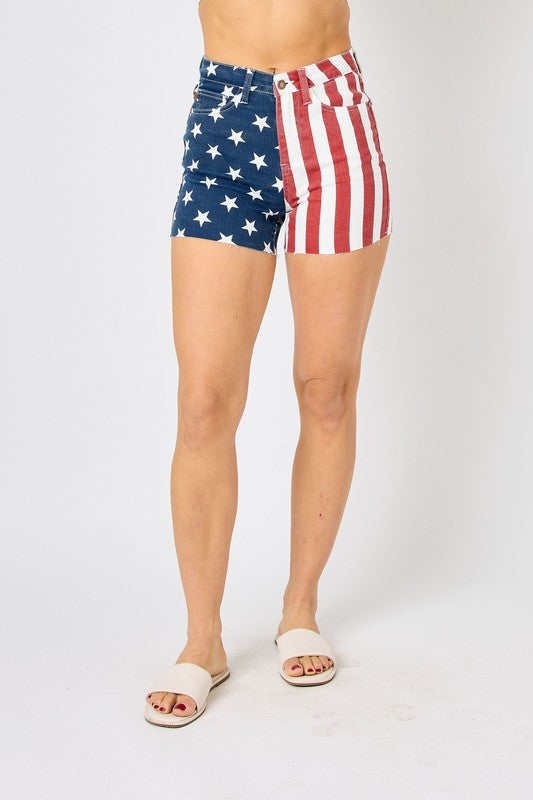 Judy Blue High Rise Americana Flag Fray Hem Shorts 150273