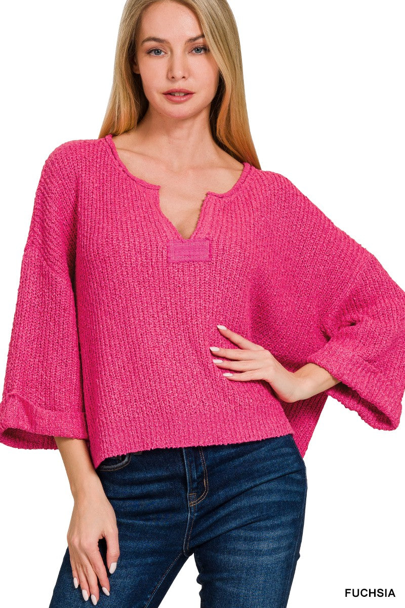 Front Slit Patch Folded Sleeve Pullover By Zenana