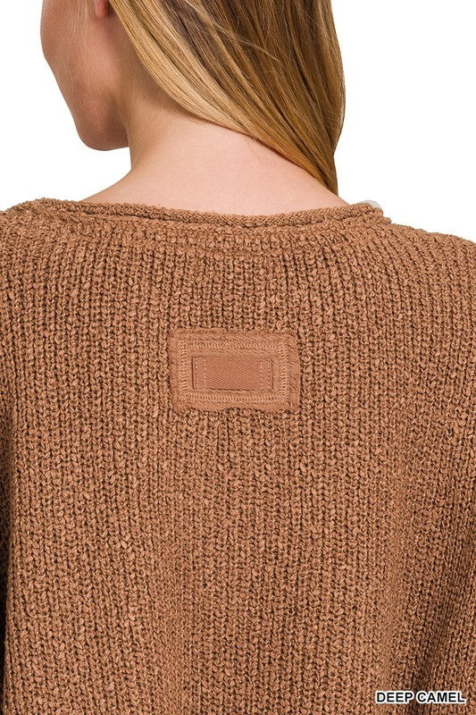 Front Slit Patch Folded Sleeve Pullover By Zenana