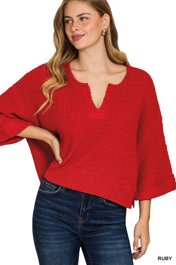 Front Slit Patch Folded Sleeve Pullover By Zenana