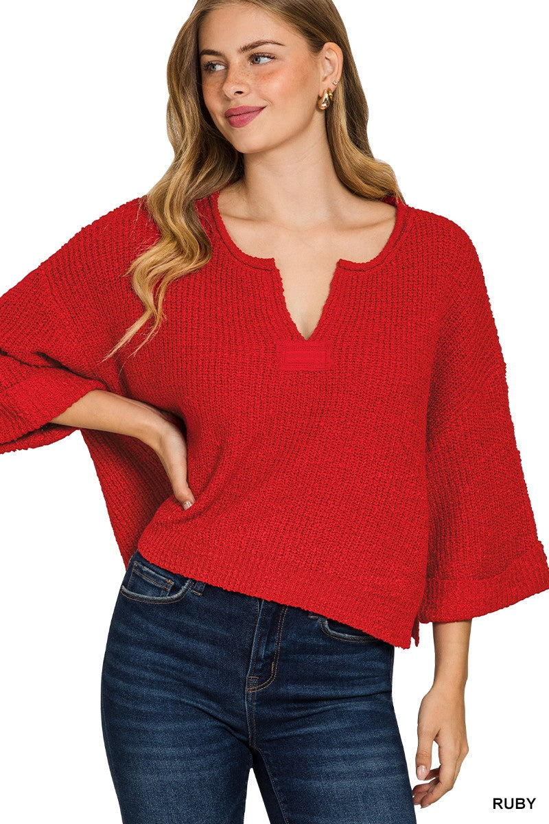 Front Slit Patch Folded Sleeve Pullover By Zenana