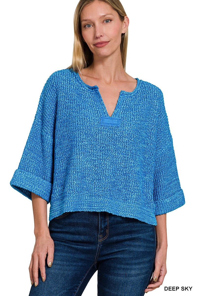 Front Slit Patch Folded Sleeve Pullover By Zenana