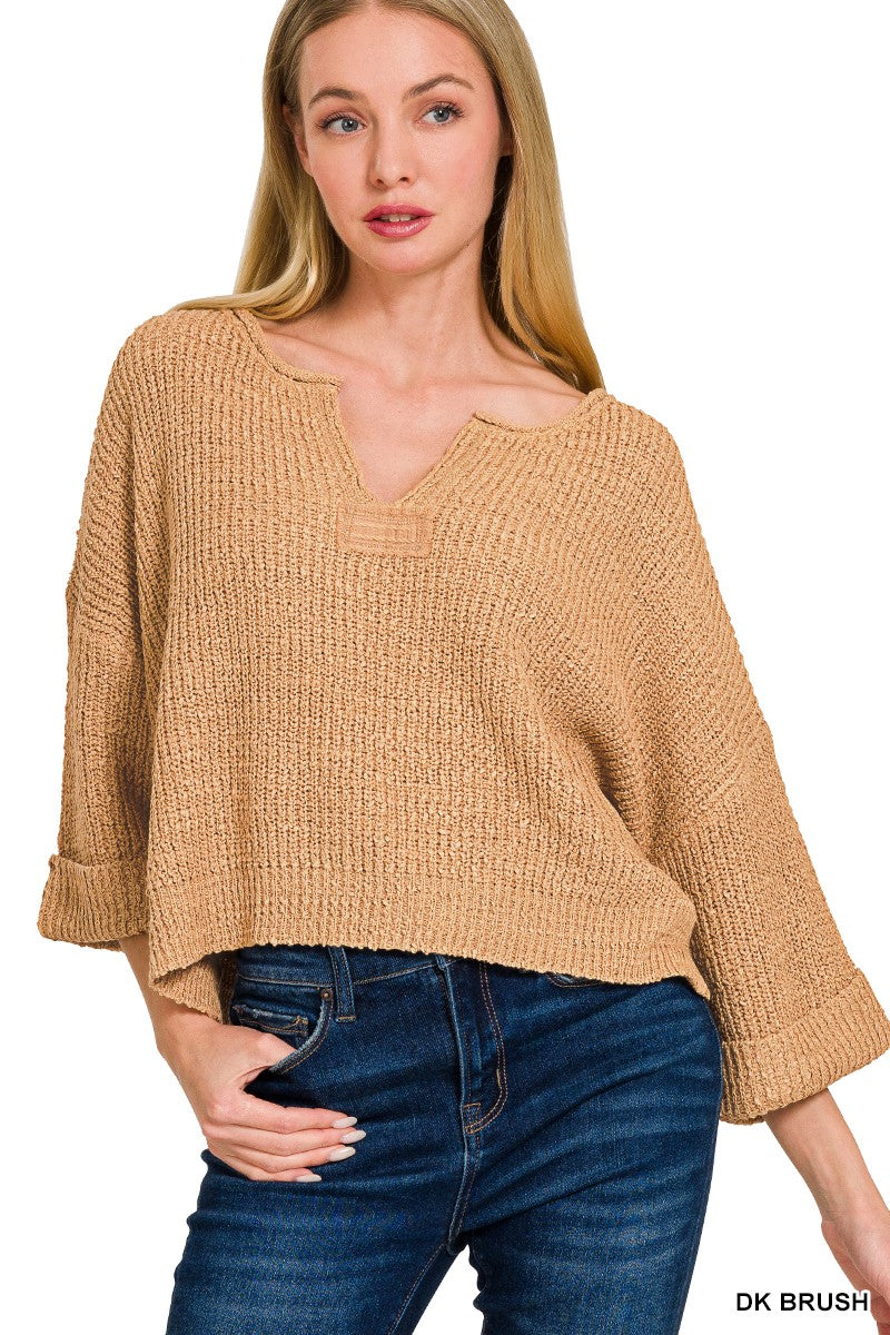 Front Slit Patch Folded Sleeve Pullover By Zenana