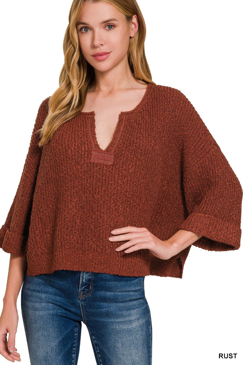 Front Slit Patch Folded Sleeve Pullover By Zenana