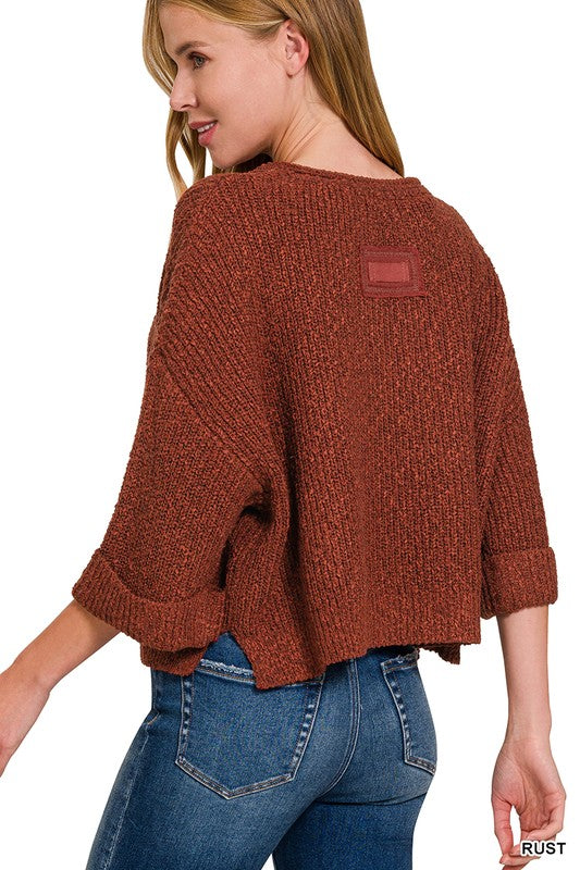 Front Slit Patch Folded Sleeve Pullover By Zenana