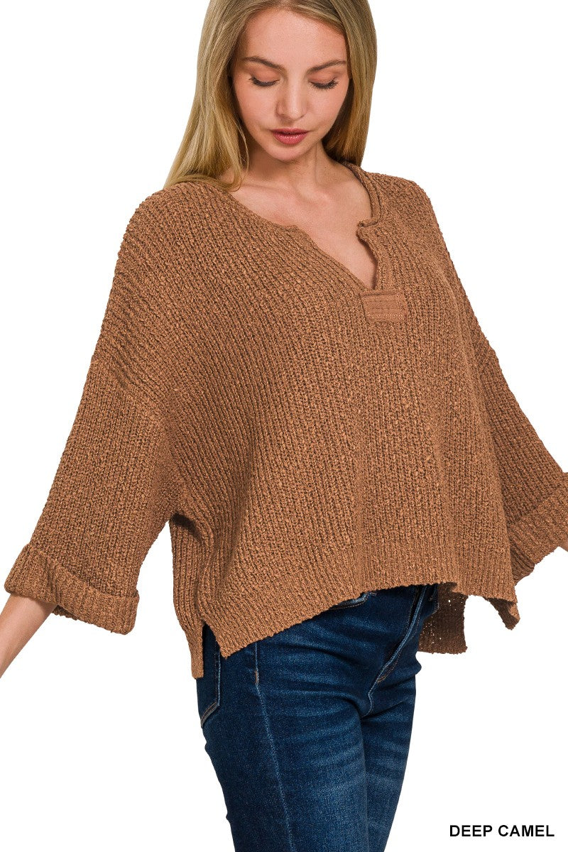Front Slit Patch Folded Sleeve Pullover By Zenana