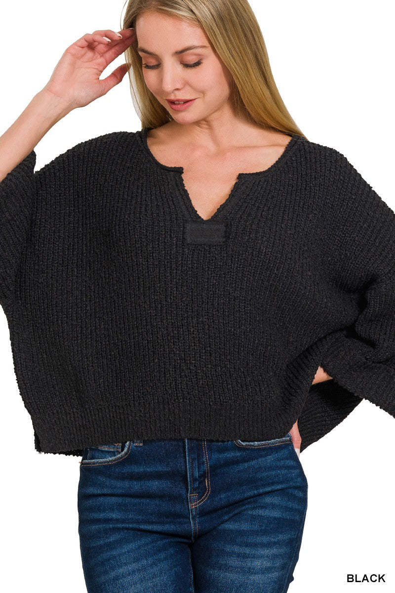 Front Slit Patch Folded Sleeve Pullover By Zenana