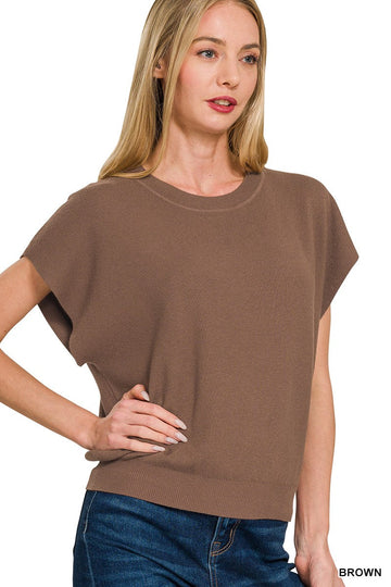 Brown knit sweater top with a little cinch waistline 