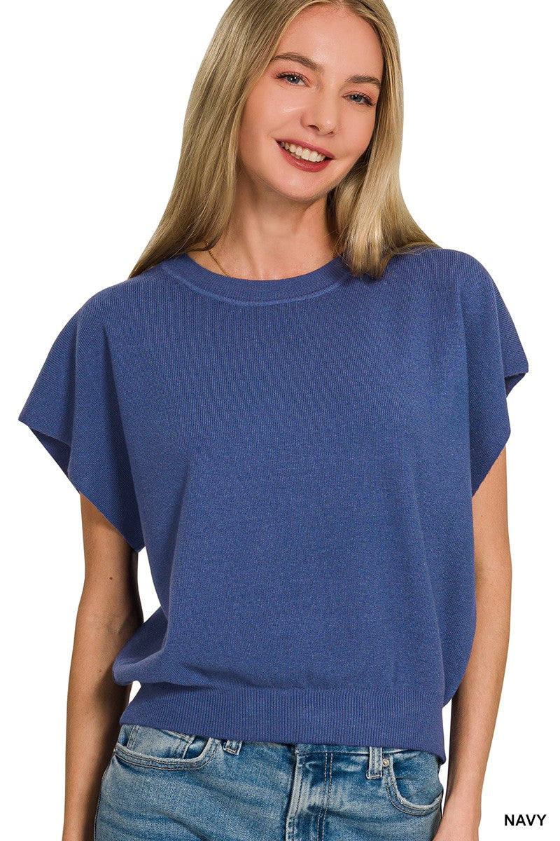 Navy knit sweater top with short sleeves and a flattering waistline 