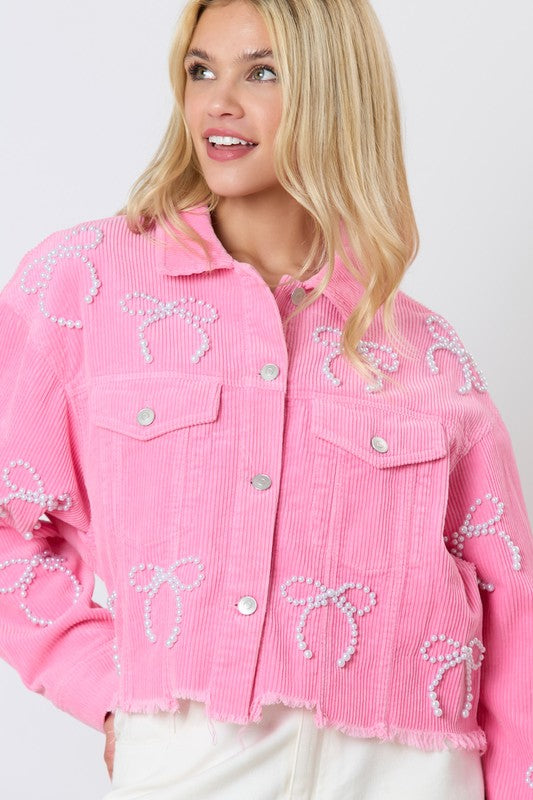 Corduroy Pearl Bow Embellished Cropped Jacket