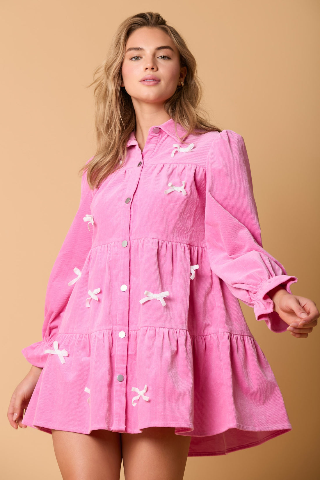 Corduroy Shirt Dress With Bow Tacking