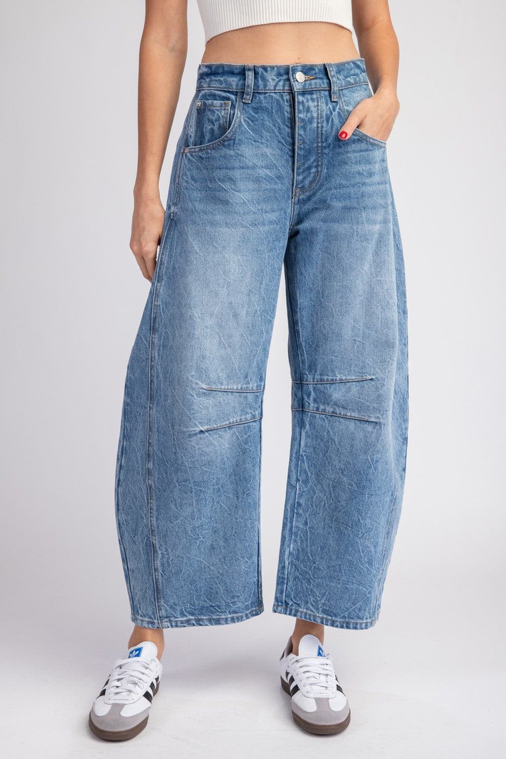 Mineral Washed Barrel Pants Featuring a Button and Zipper Closure