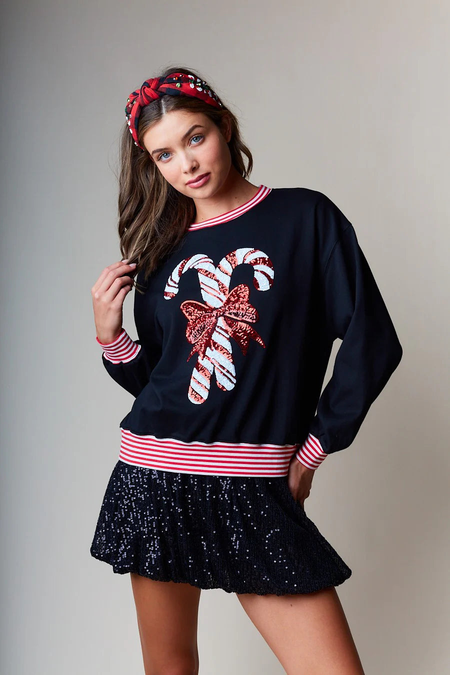 Sequin Embellished Candy Cane Sweatshirt in Black By RareRaw Clothing