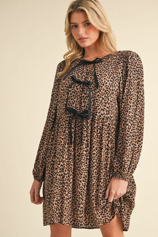 Leopard Print Bow Tie Mini Dress