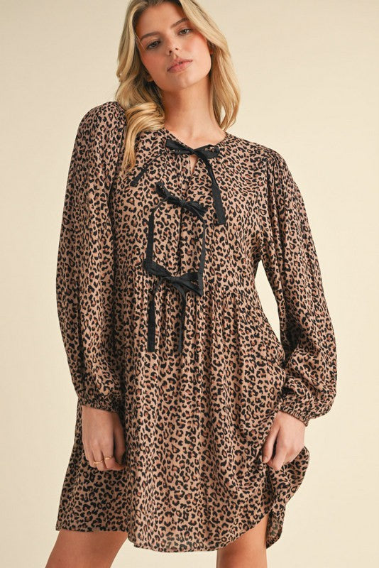 Leopard Print Bow Tie Mini Dress