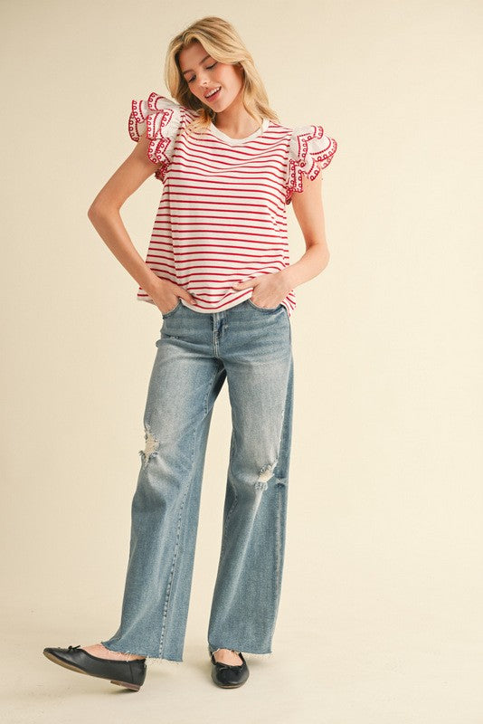 Cherry Picnic Flutter Sleeve Top By Jodifl