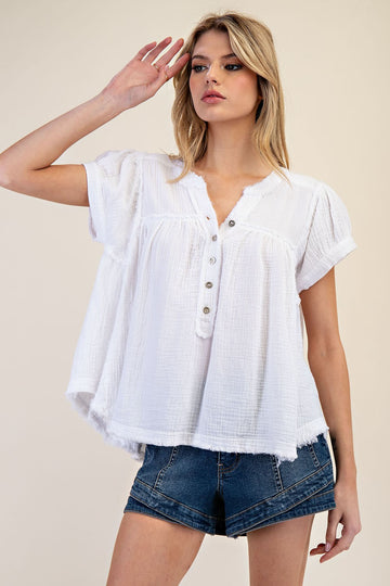 Mineral Washed Cotton Gauze Blouse Top
