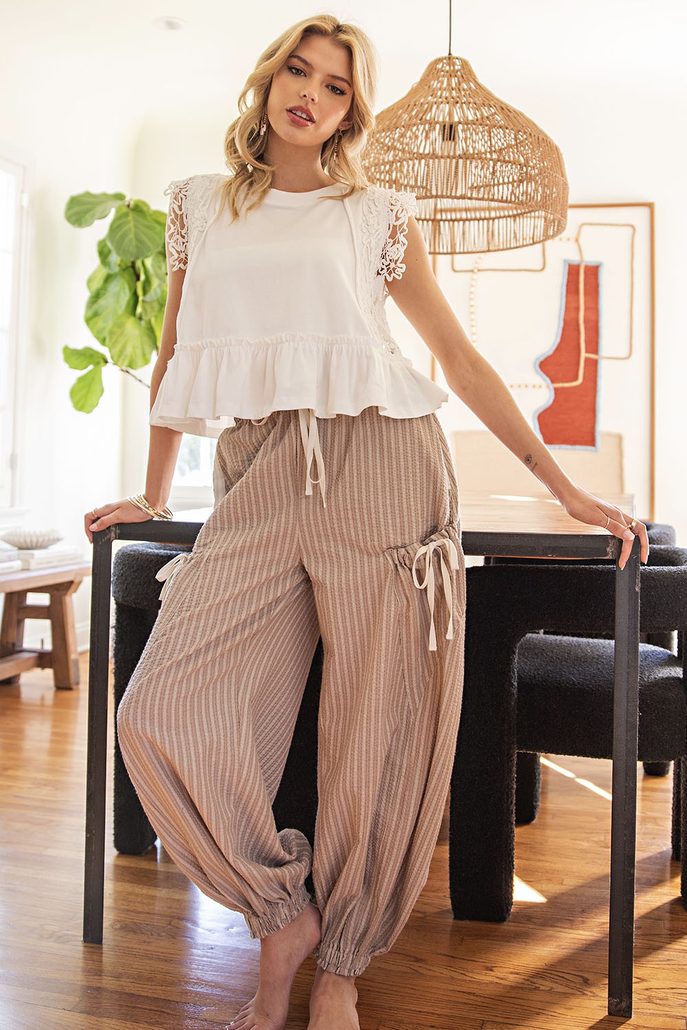 Striped Drawstring Side Pocket Jogger Pants by Eesome