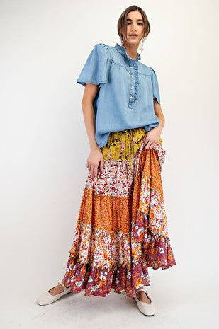Print Mix Tiered Maxi Skirt- By Easel