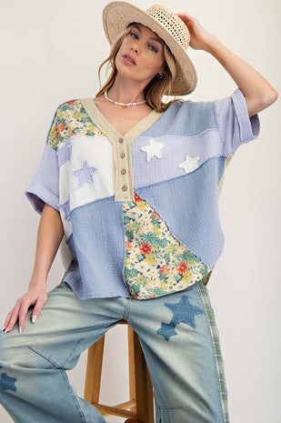 Patchwork Cotton Gauze Mineral Washed Top By Easel