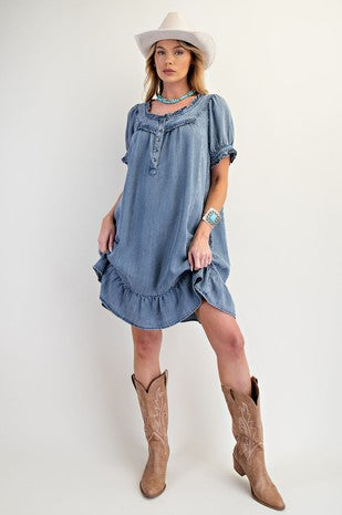 Washed Chambray Ruffled Dress By Easel