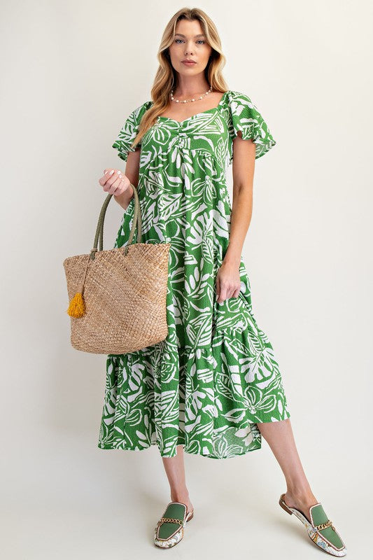 Tropical Printed Knit Popcorn Maxi Dress- By Easel