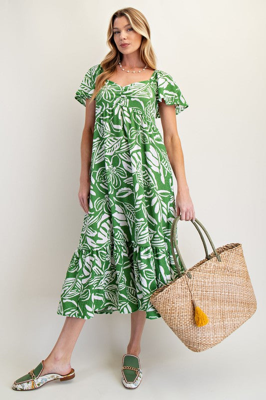 Tropical Printed Knit Popcorn Maxi Dress- By Easel