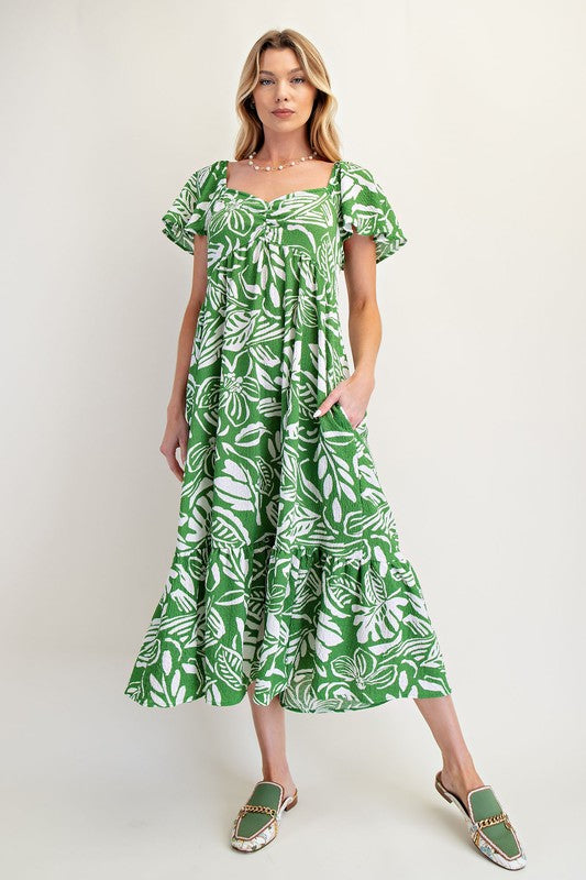 Tropical Printed Knit Popcorn Maxi Dress- By Easel
