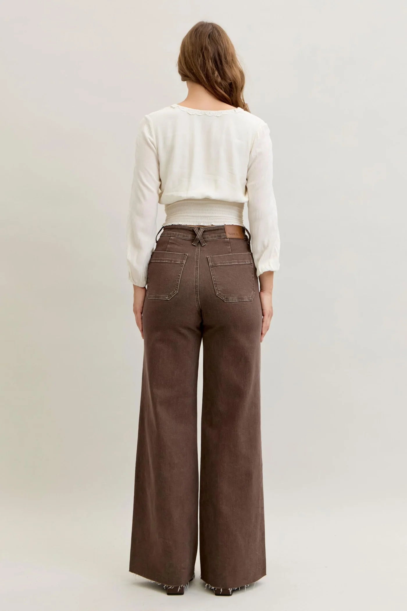Judy Blue High Waist Retro Yarn Dyed Brown Front Patch Pockets Wide Leg Denim Jeans 881008