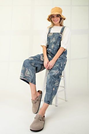 Floral Printed Washed Oversized Denim Overalls By Easel