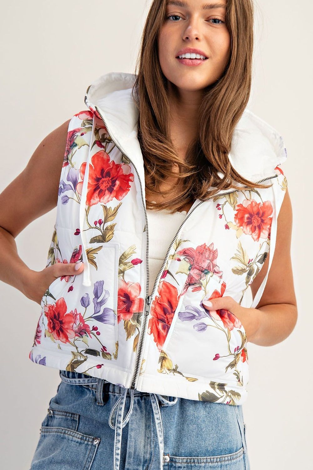 Floral Printed Zipper Front Puffer Vest By Eesome
