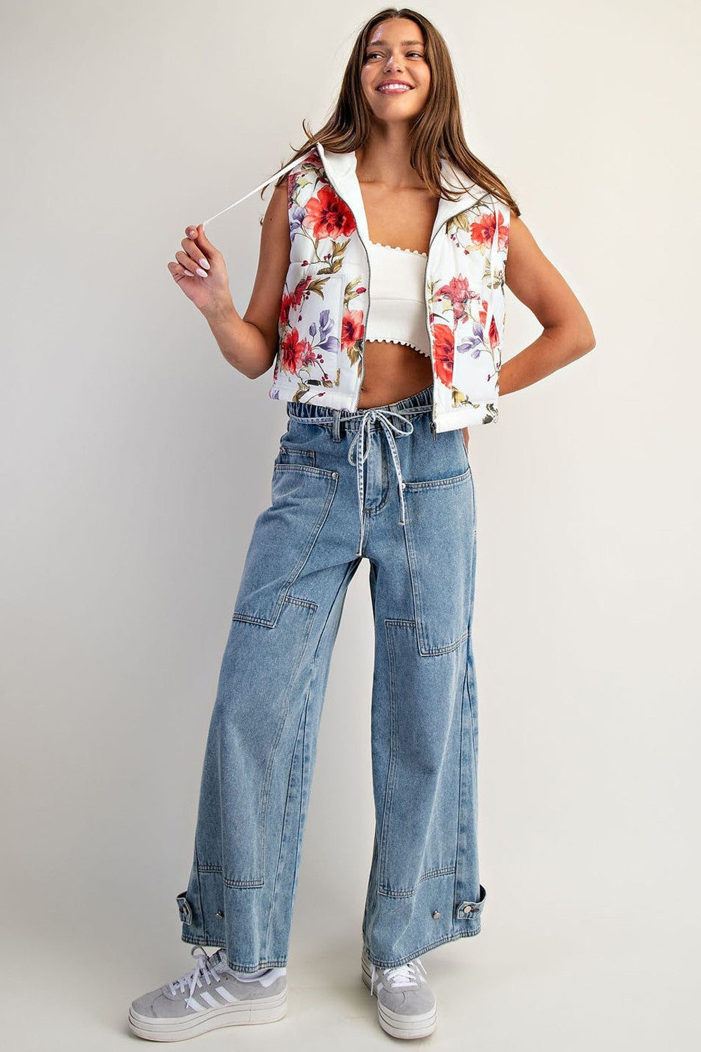 Floral Printed Zipper Front Puffer Vest By Eesome