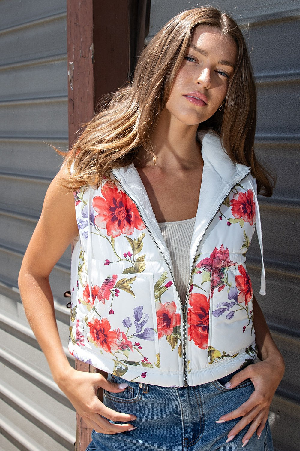 Floral Printed Zipper Front Puffer Vest By Eesome