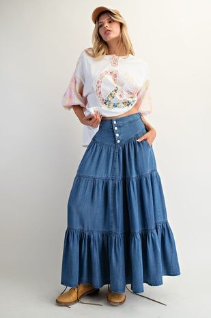 Washed Tencel Chambray Tiered Maxi Skirt By Easel