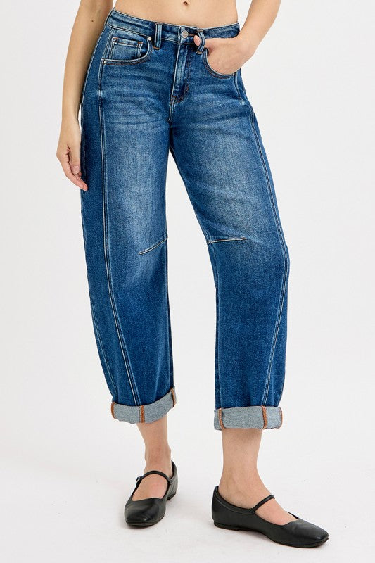 High Rise Boyfriend Cuffed Barrel Jeans By Risen