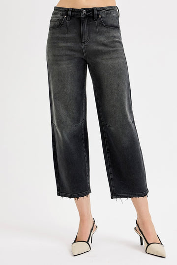 Black Mid Rise Fit Crop Wide Barrel Leg Jeans By Risen Jeans