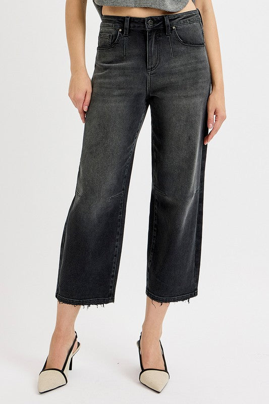 Black Mid Rise Fit Crop Wide Barrel Leg Jeans By Risen Jeans