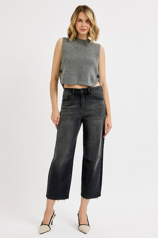 Black Mid Rise Fit Crop Wide Barrel Leg Jeans By Risen Jeans