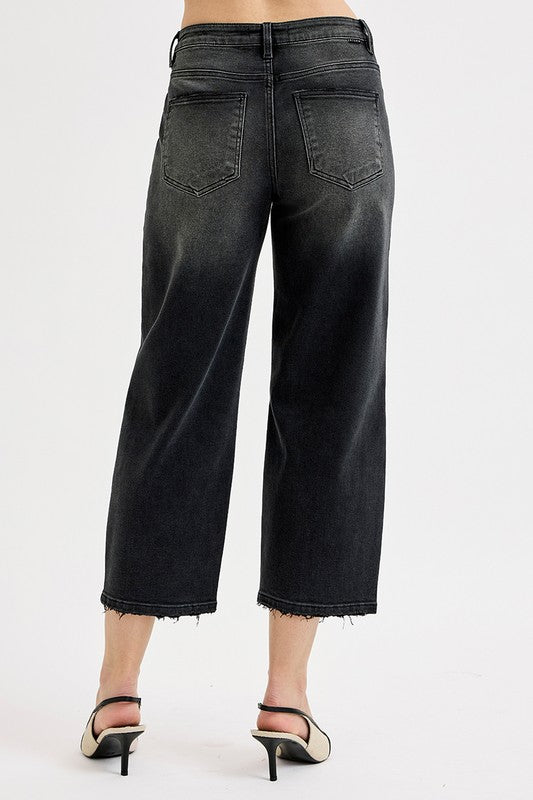 Black Mid Rise Fit Crop Wide Barrel Leg Jeans By Risen Jeans