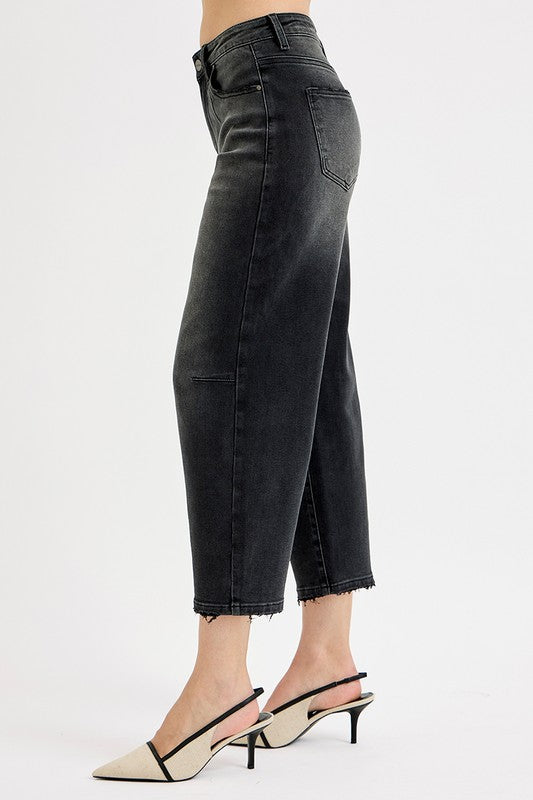 Black Mid Rise Fit Crop Wide Barrel Leg Jeans By Risen Jeans