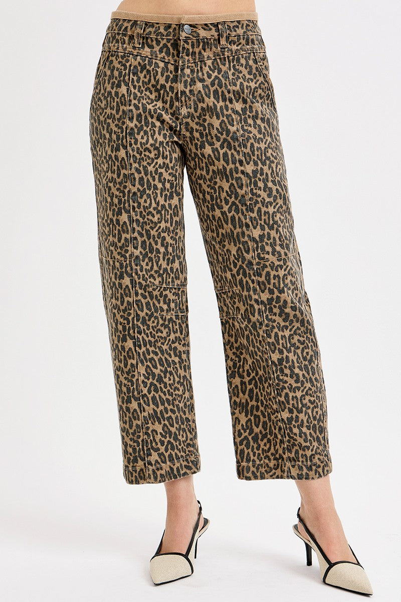 Mid Rise Crop Relaxed Cheetah Pants By Risen